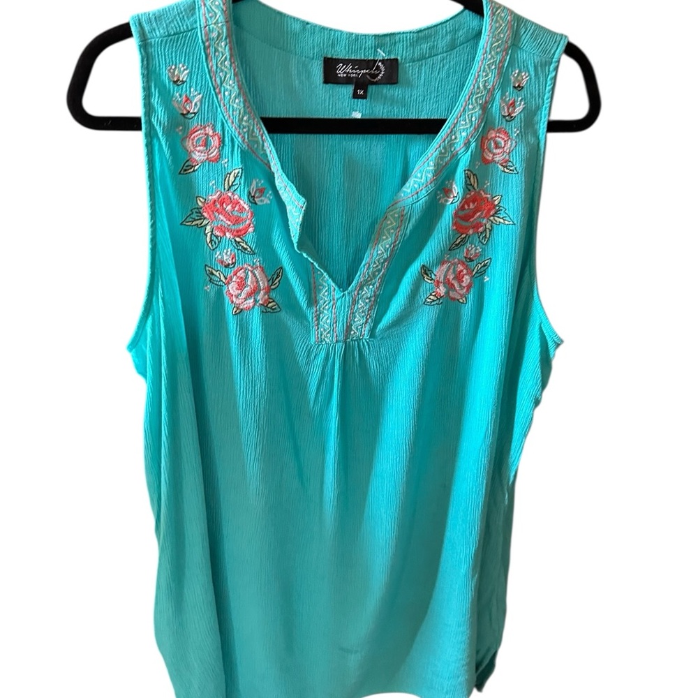 Whispers 1X  Turquoise Floral Embroidered Sleeveless Blouse